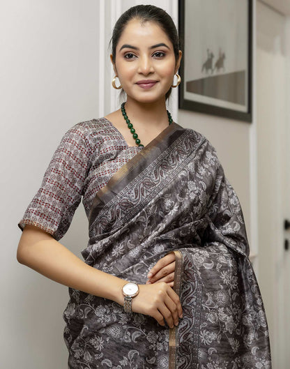 Grey Dola Silk Floral Printed Saree