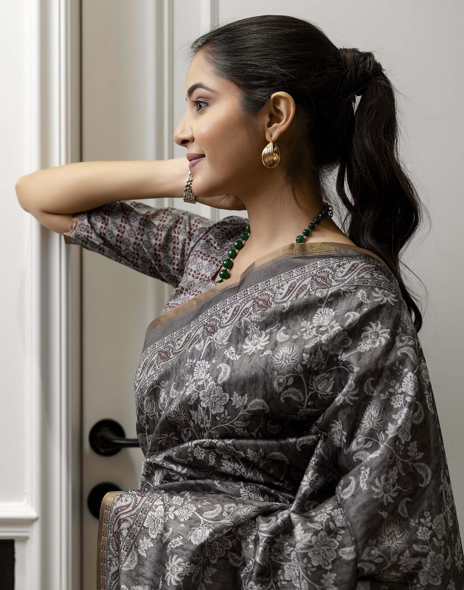 Grey Dola Silk Floral Printed Saree