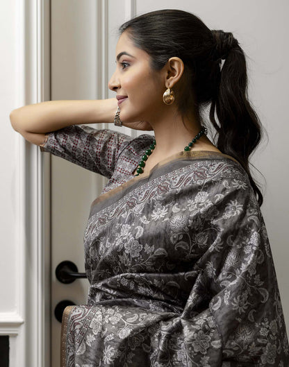 Grey Dola Silk Floral Printed Saree