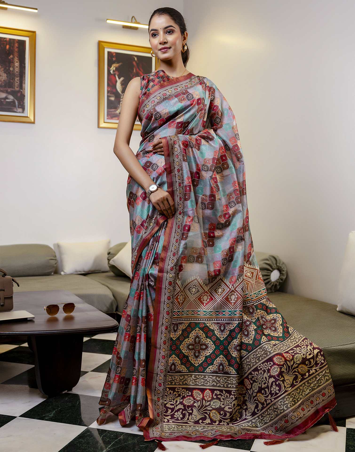 Multicoloured Dola Silk printed Saree