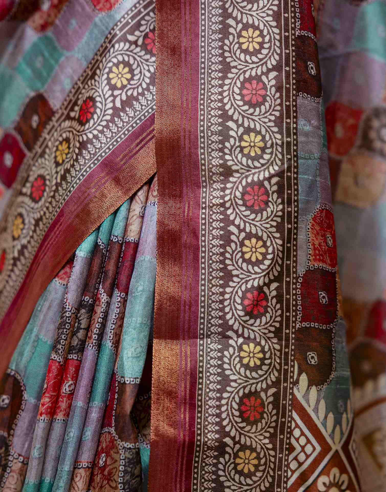 Multicoloured Dola Silk printed Saree