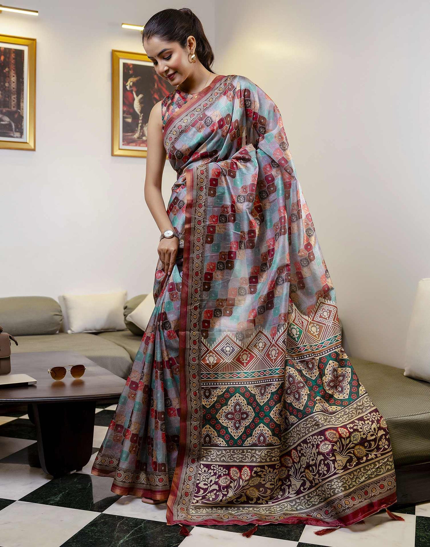 Multicoloured Dola Silk printed Saree