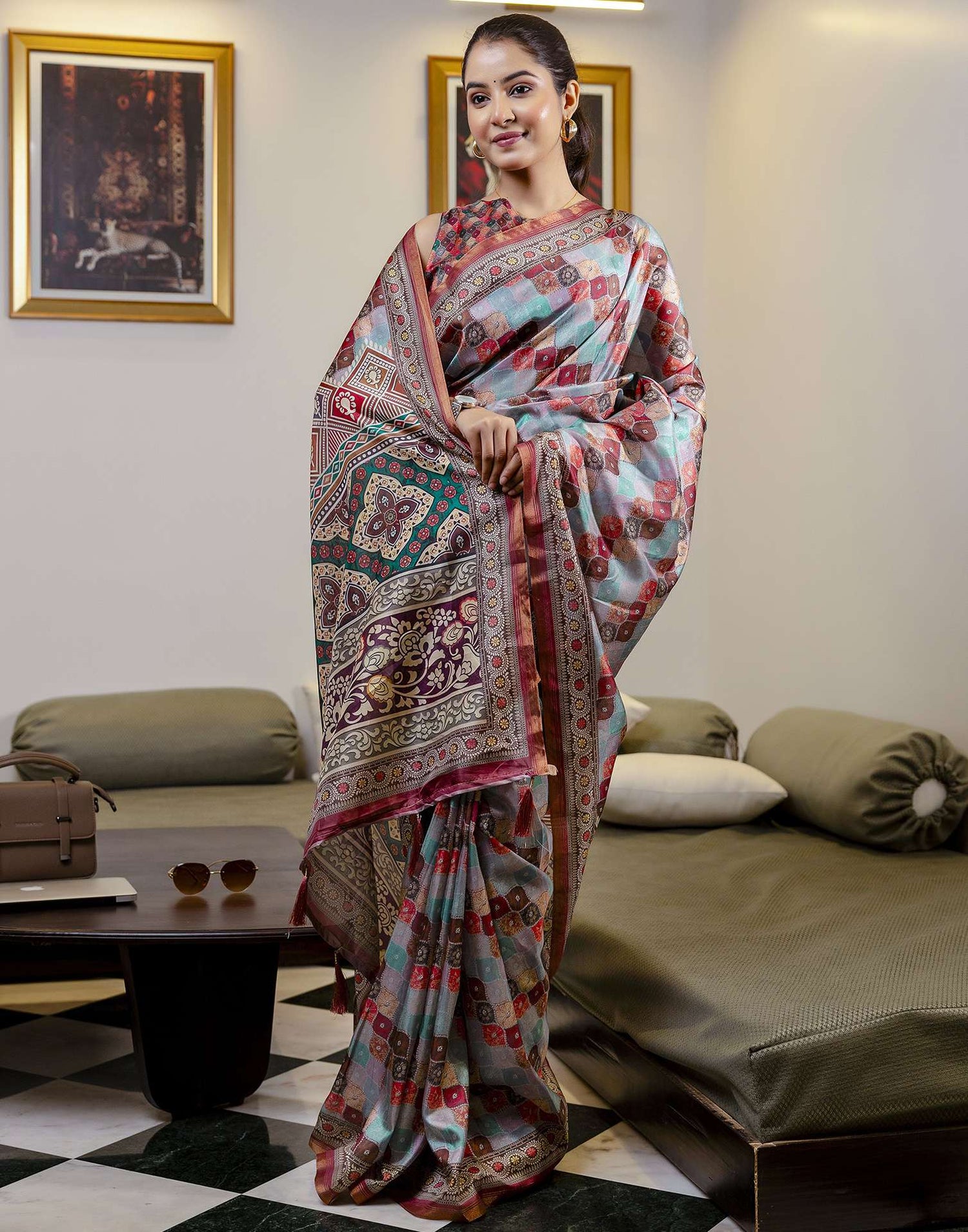 Multicoloured Dola Silk printed Saree