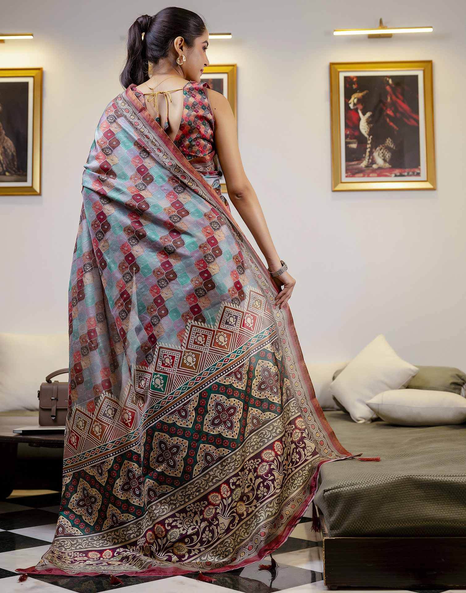 Multicoloured Dola Silk printed Saree