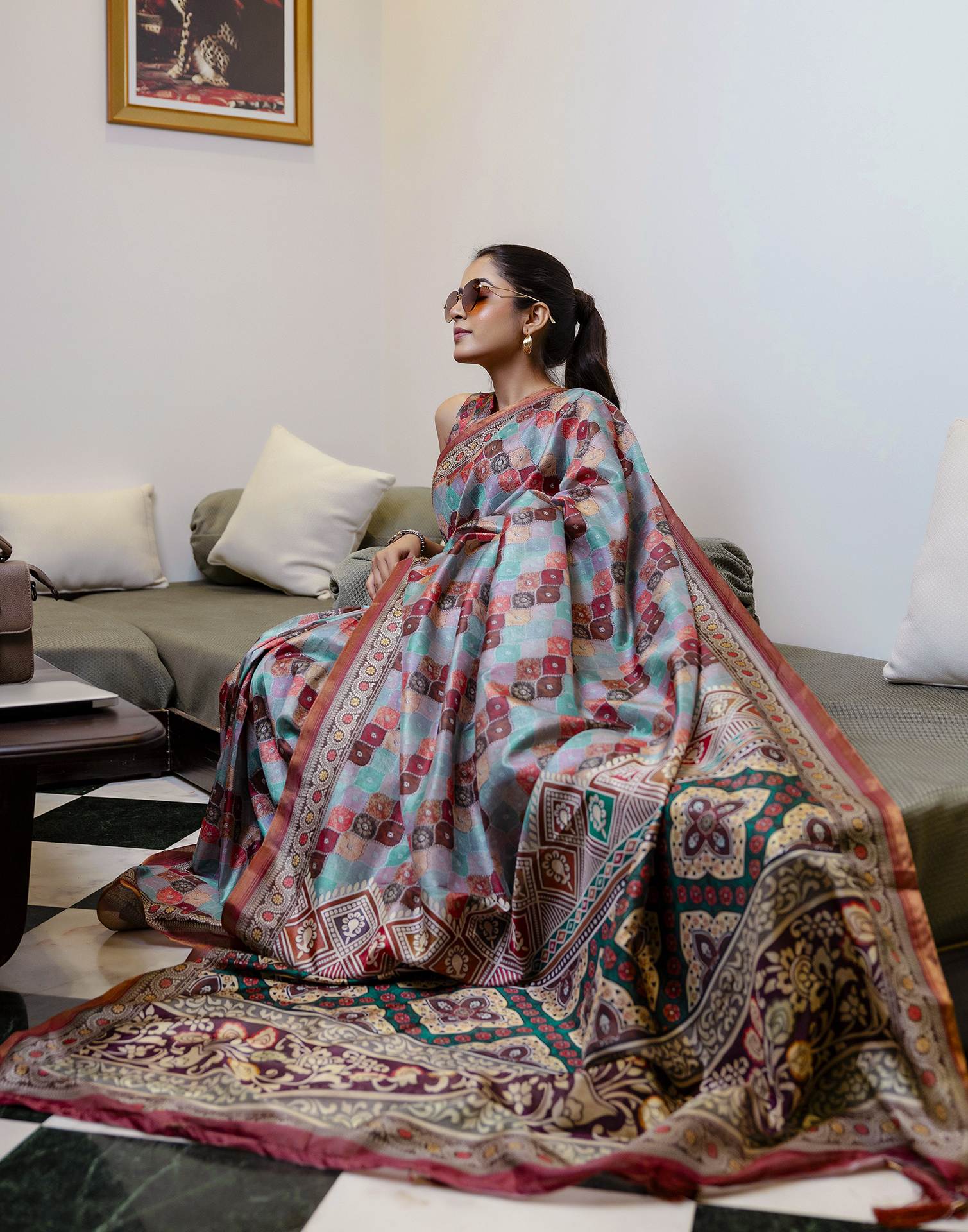 Multicoloured Dola Silk printed Saree