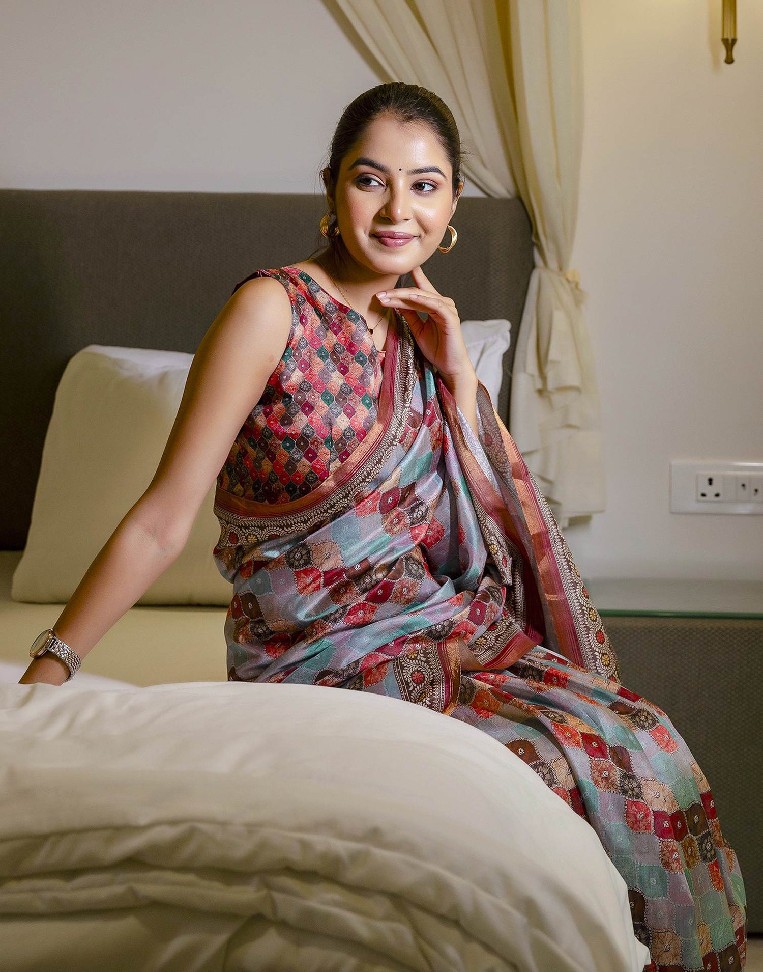 Multicoloured Dola Silk printed Saree