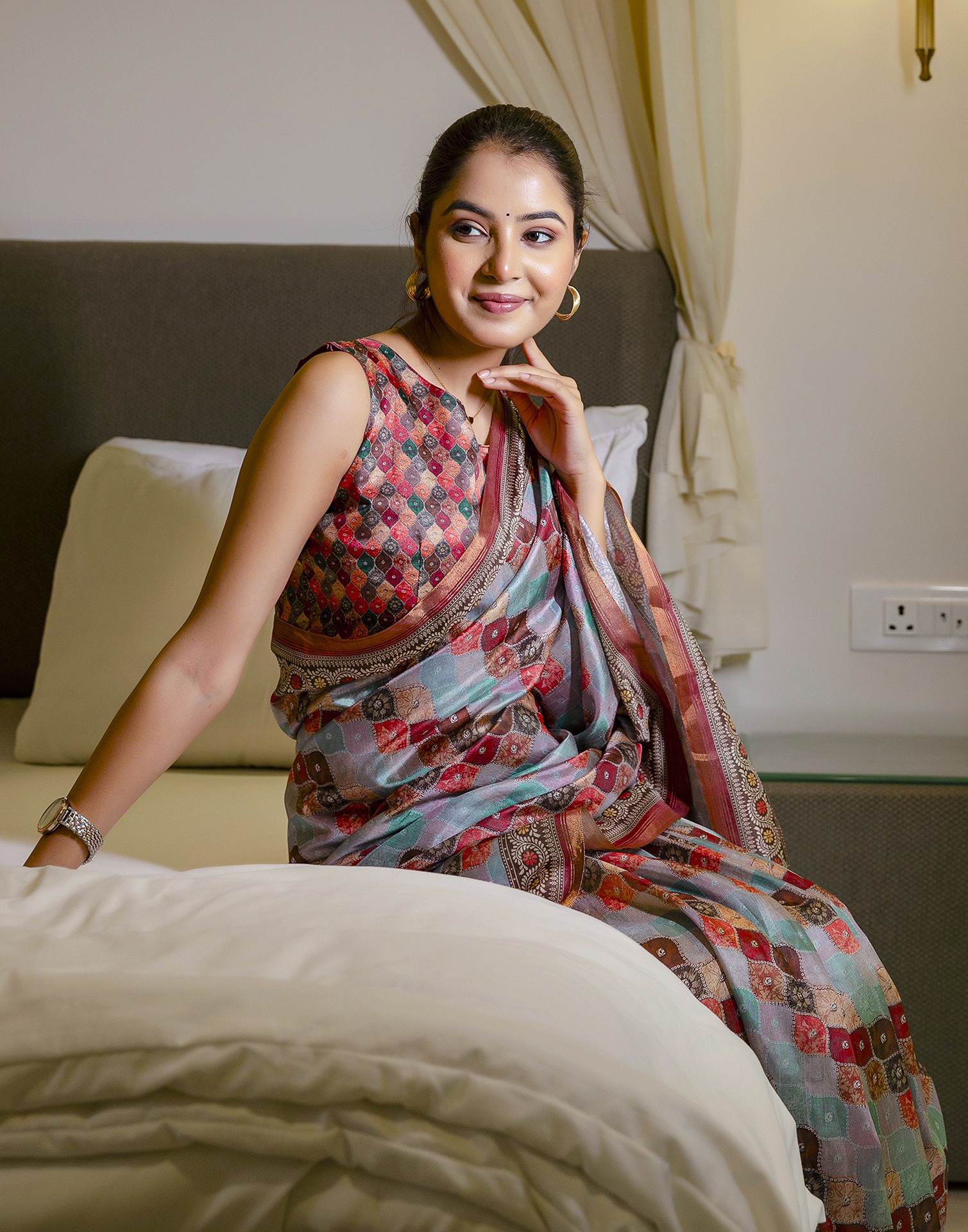 Multicoloured Dola Silk printed Saree
