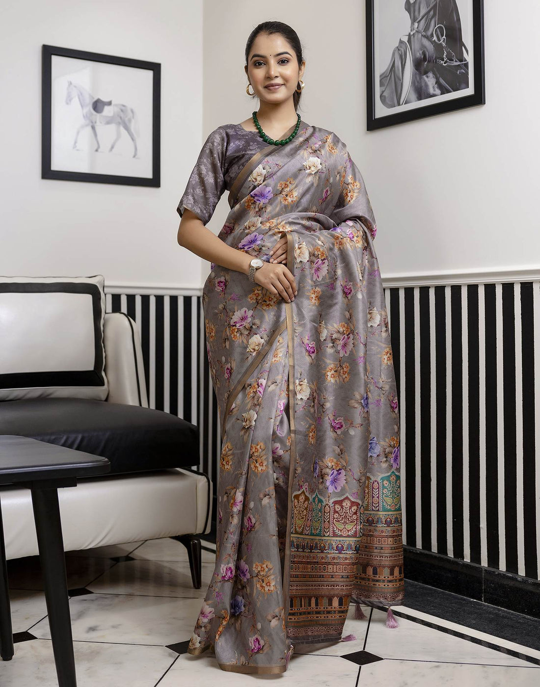 Grey Dola Silk Floral Printed Saree