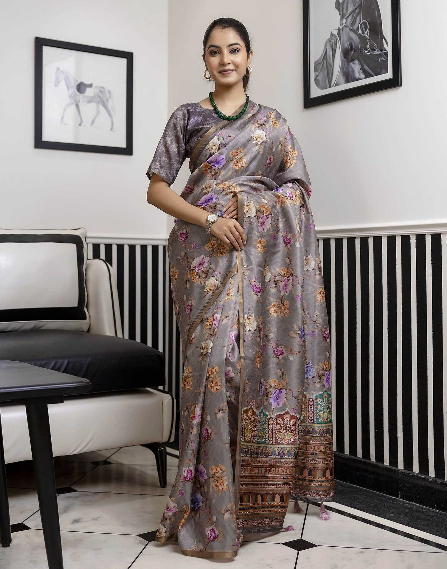 Grey Dola Silk Floral Printed Saree