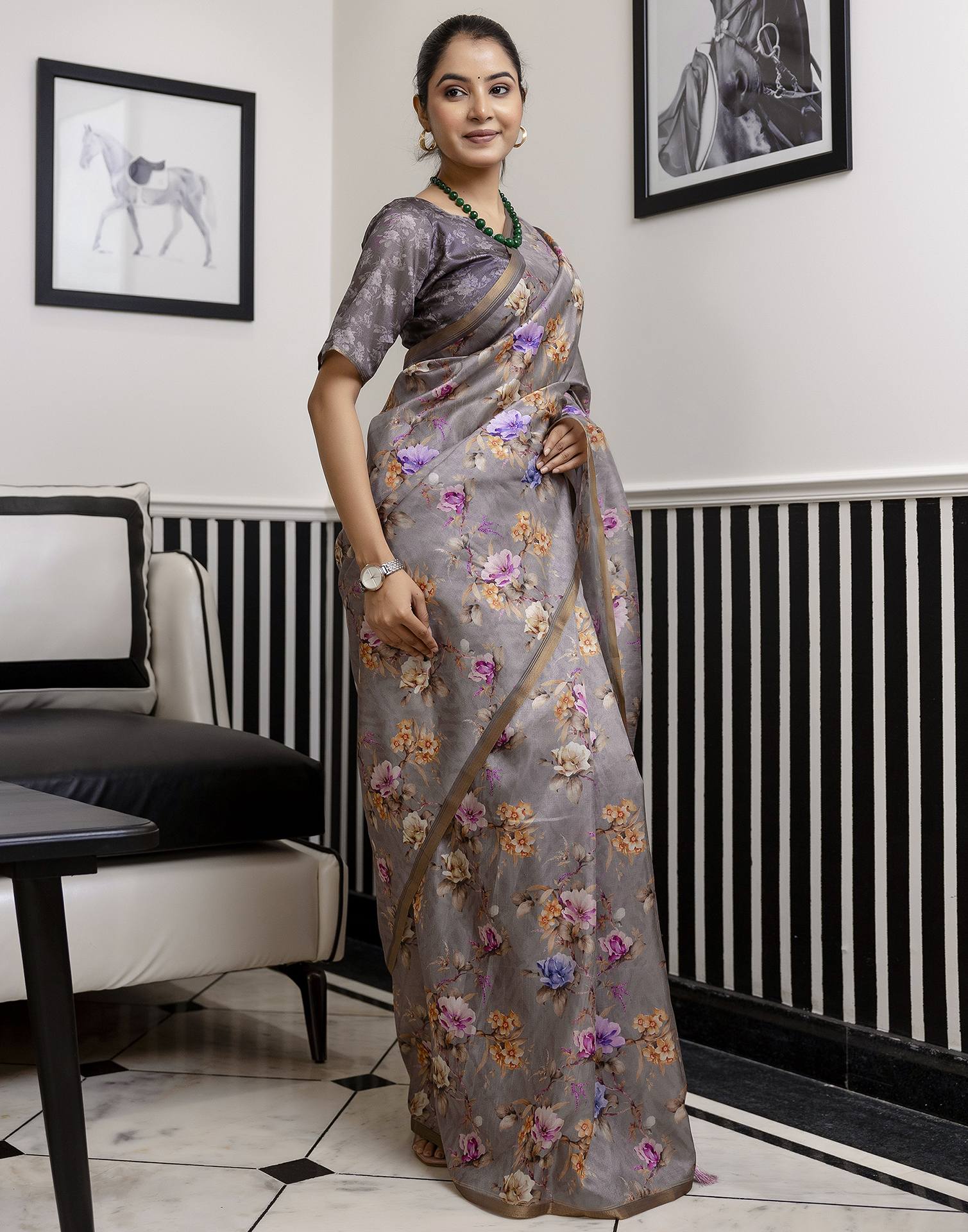 Grey Dola Silk Floral Printed Saree