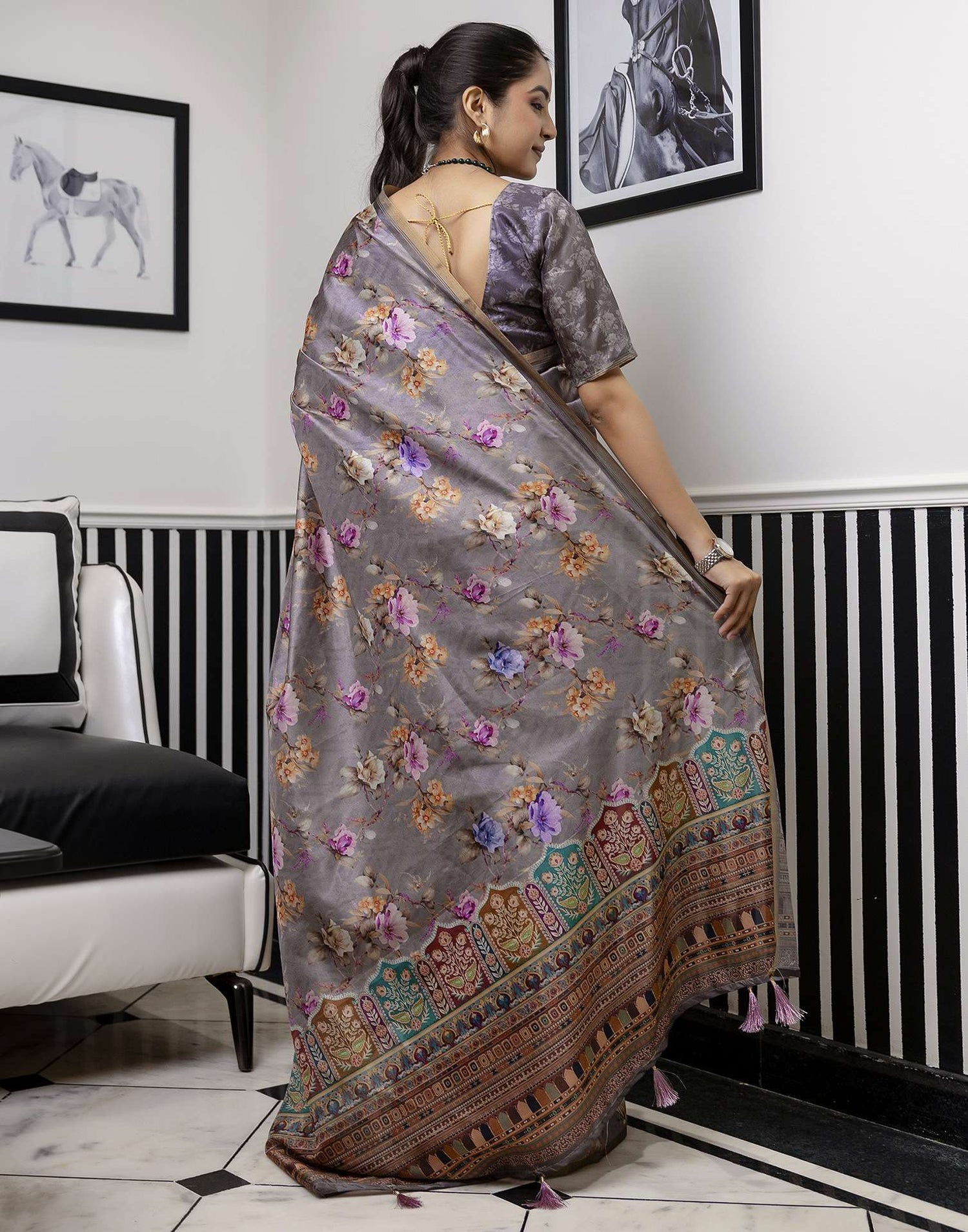 Grey Dola Silk Floral Printed Saree