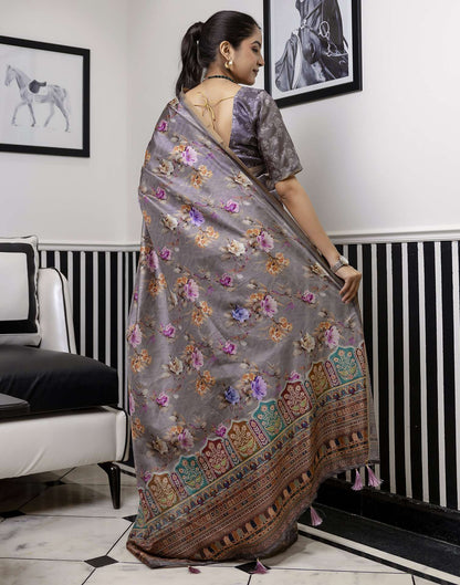 Grey Dola Silk Floral Printed Saree