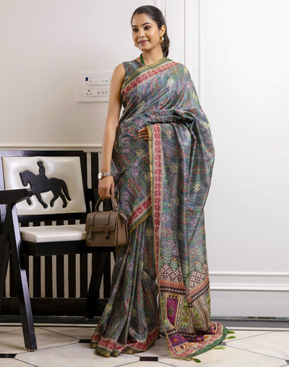 Green Dola Silk Floral Printed Saree