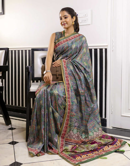 Green Dola Silk Floral Printed Saree
