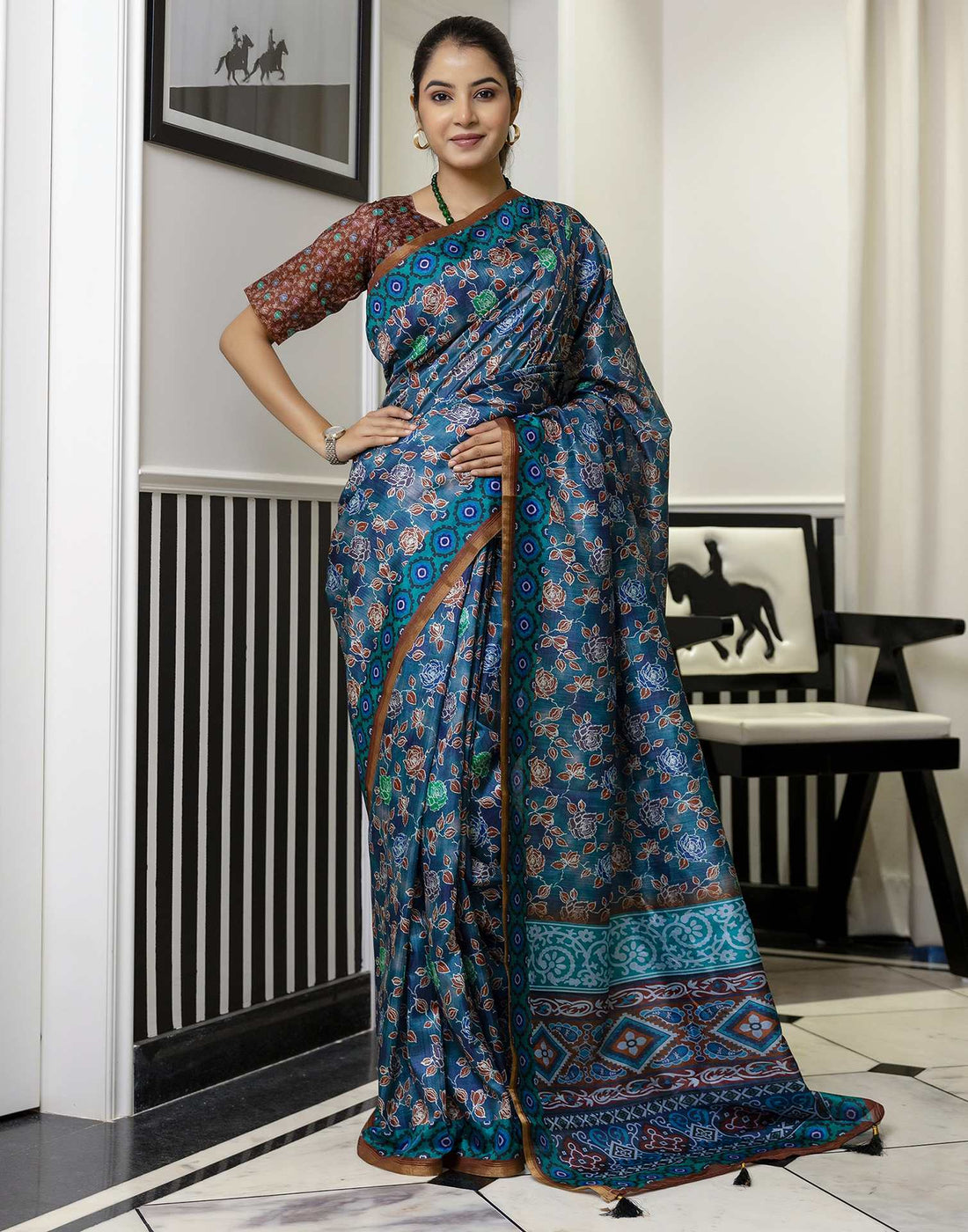 Rama Blue Dola Silk Floral Printed Saree