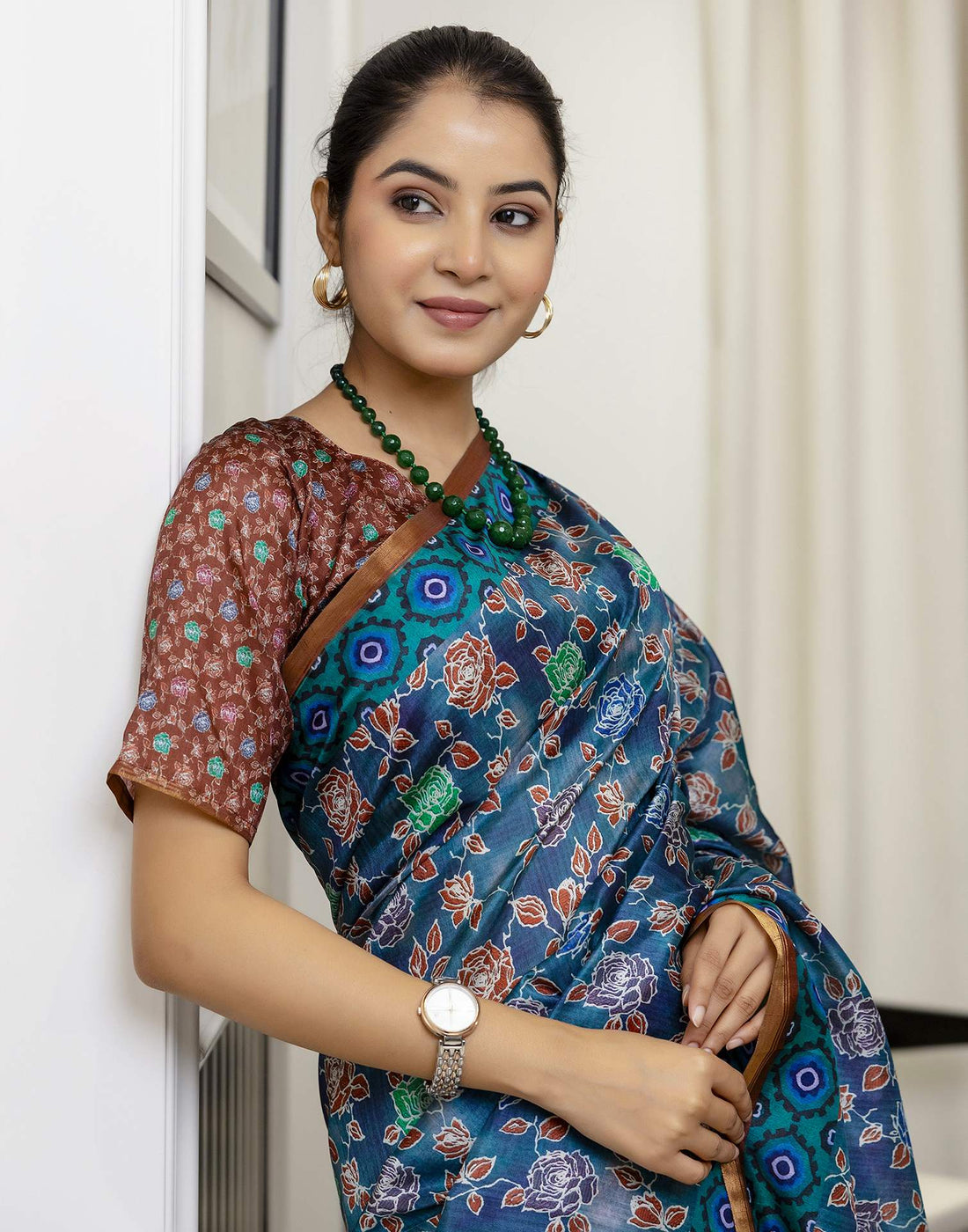 Rama Blue Dola Silk Floral Printed Saree