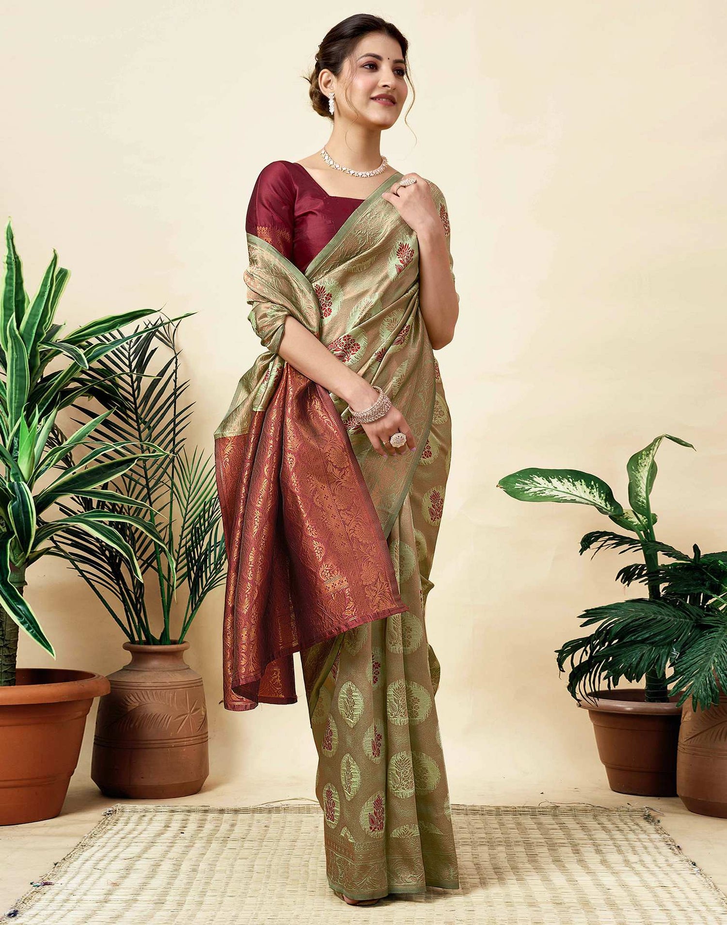 Pista Green Silk Woven Saree