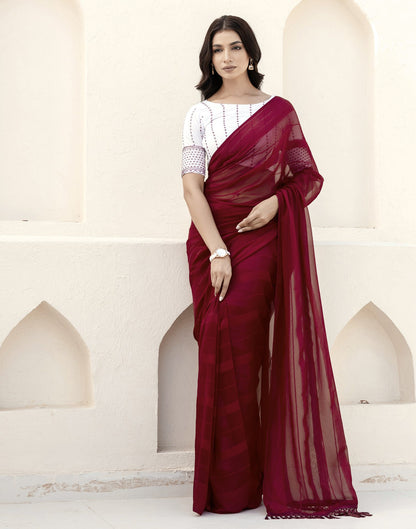 Maroon Georgette Woven Stripe Plain Saree