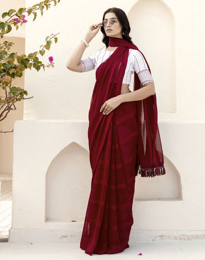 Maroon Georgette Woven Stripe Plain Saree