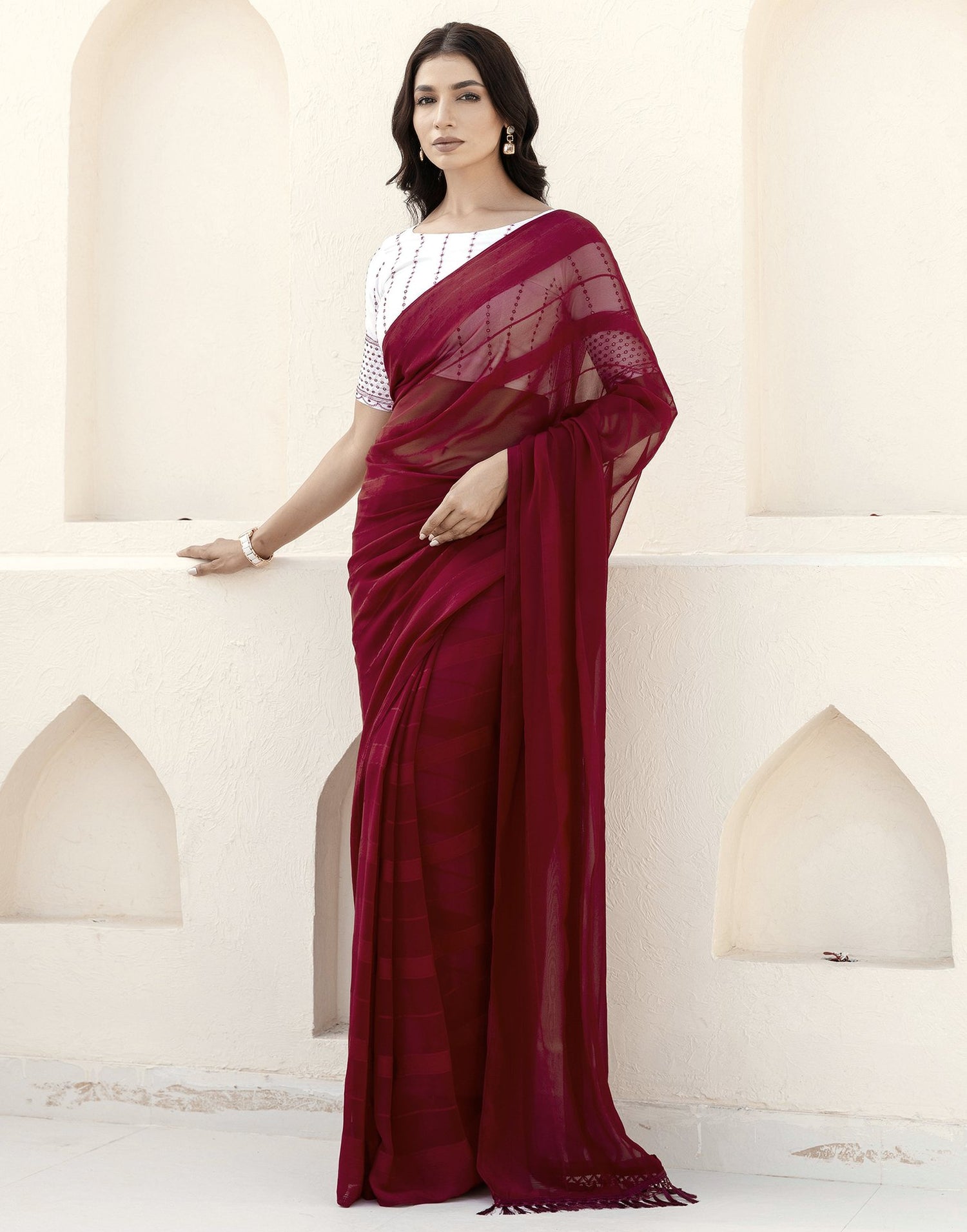 Maroon Georgette Woven Stripe Plain Saree
