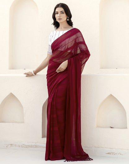 Maroon Georgette Woven Stripe Plain Saree