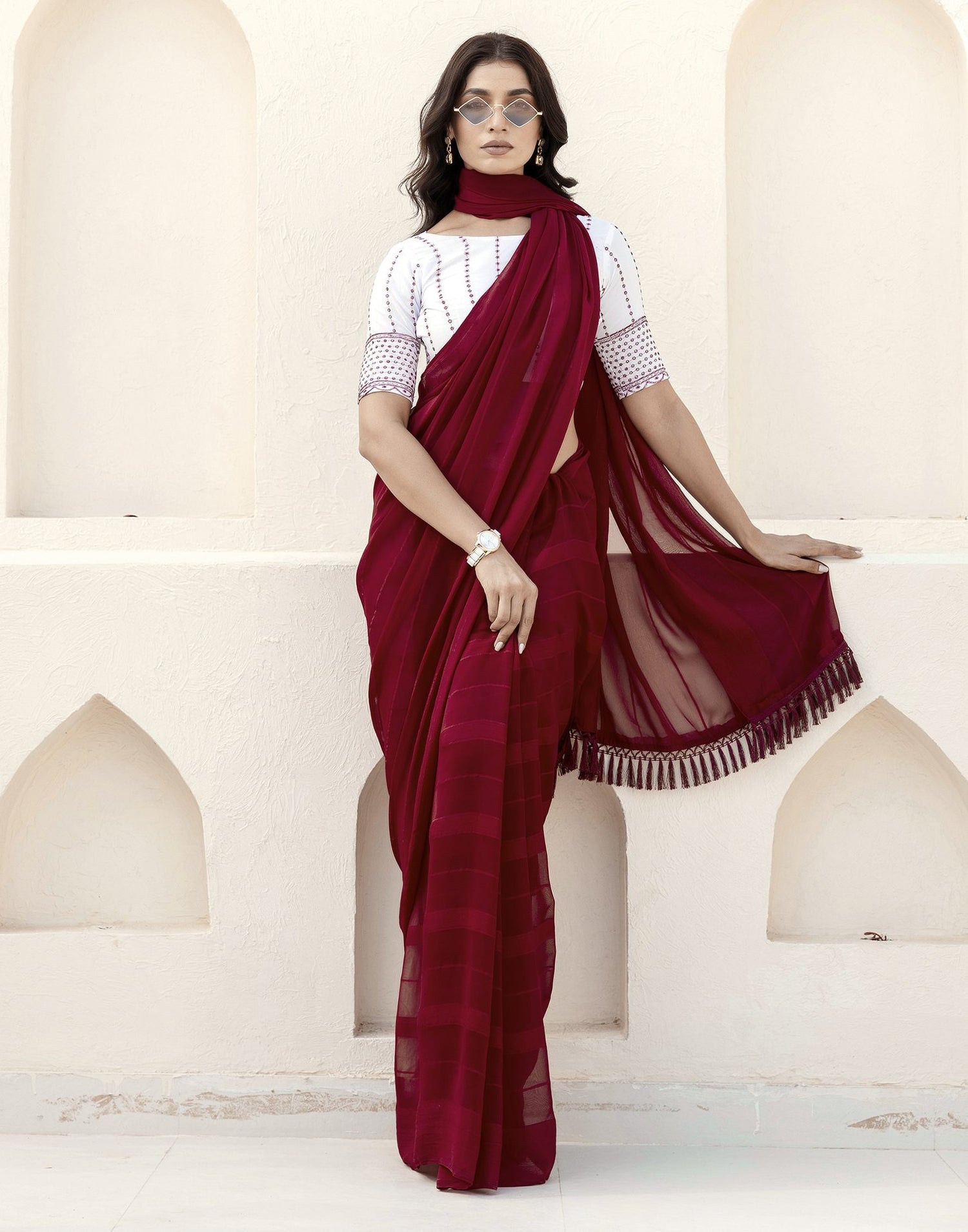 Maroon Georgette Woven Stripe Plain Saree