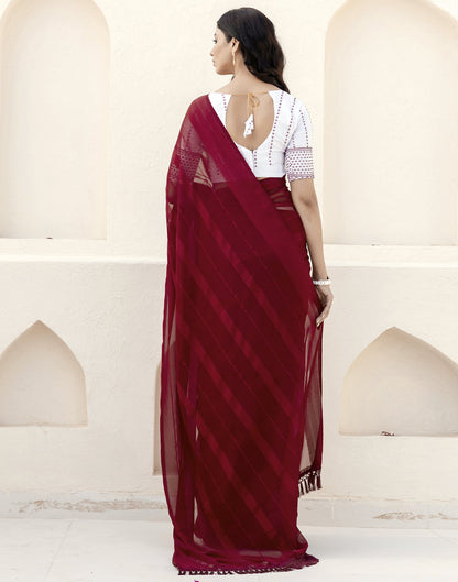 Maroon Georgette Woven Stripe Plain Saree