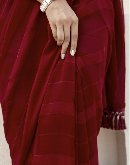 Maroon Georgette Woven Stripe Plain Saree
