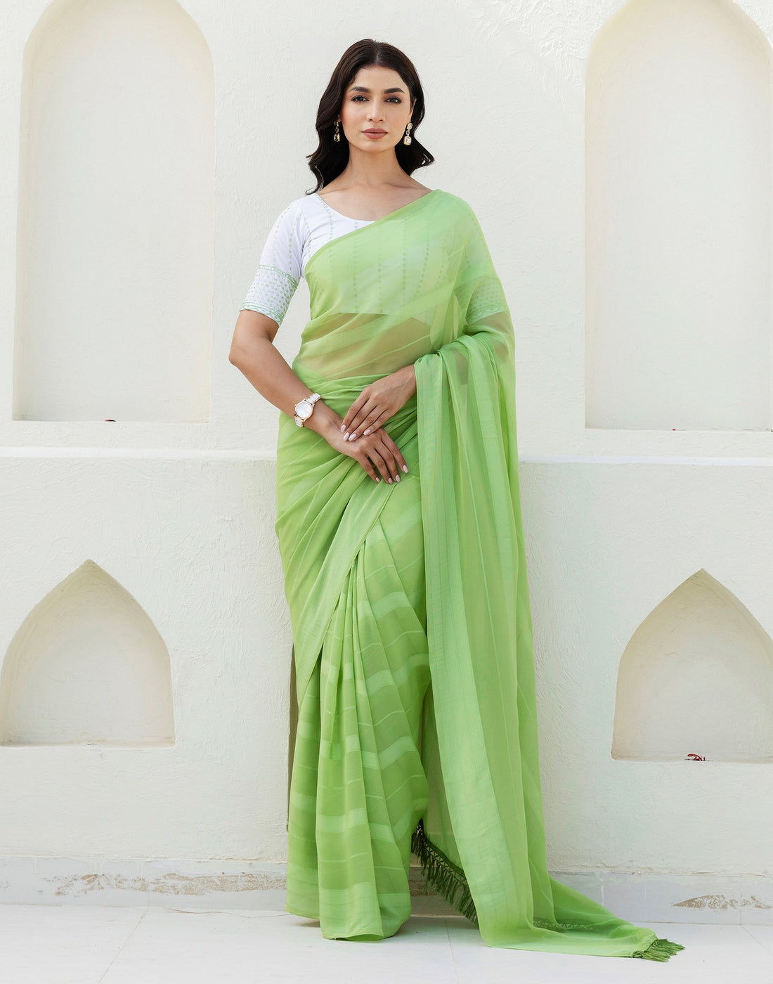 Light Green Georgette Woven Stripe Plain Saree