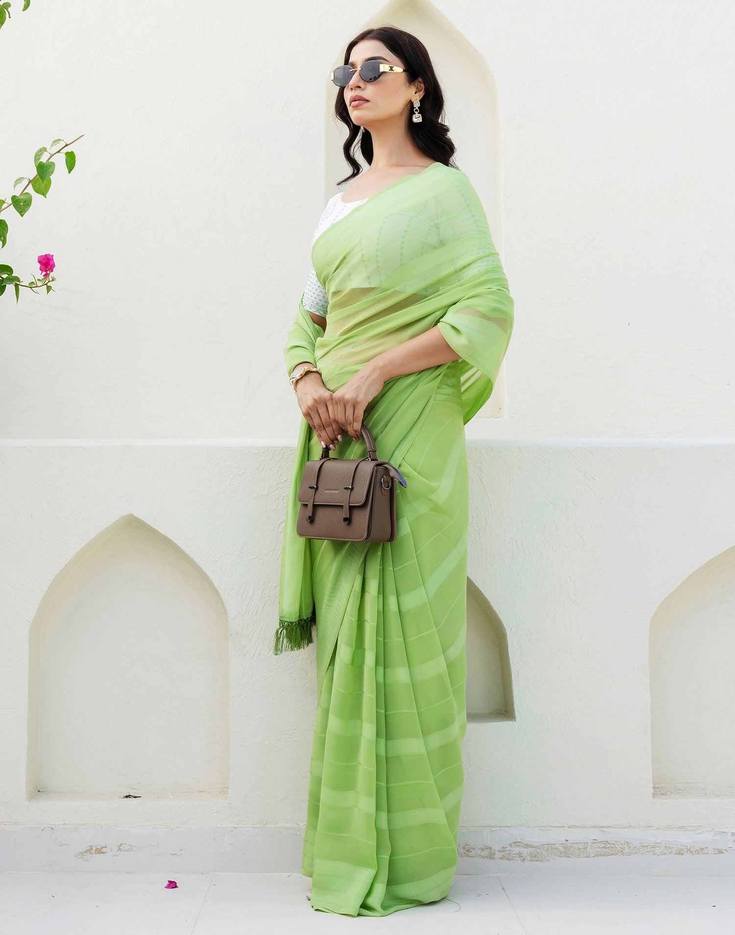 Light Green Georgette Woven Stripe Plain Saree