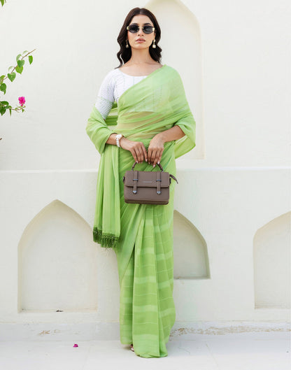 Light Green Georgette Woven Stripe Plain Saree