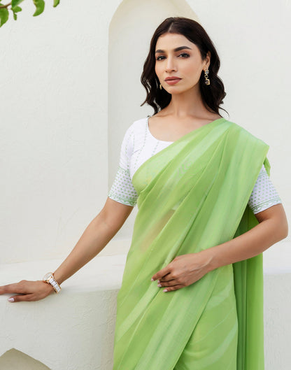 Light Green Georgette Woven Stripe Plain Saree