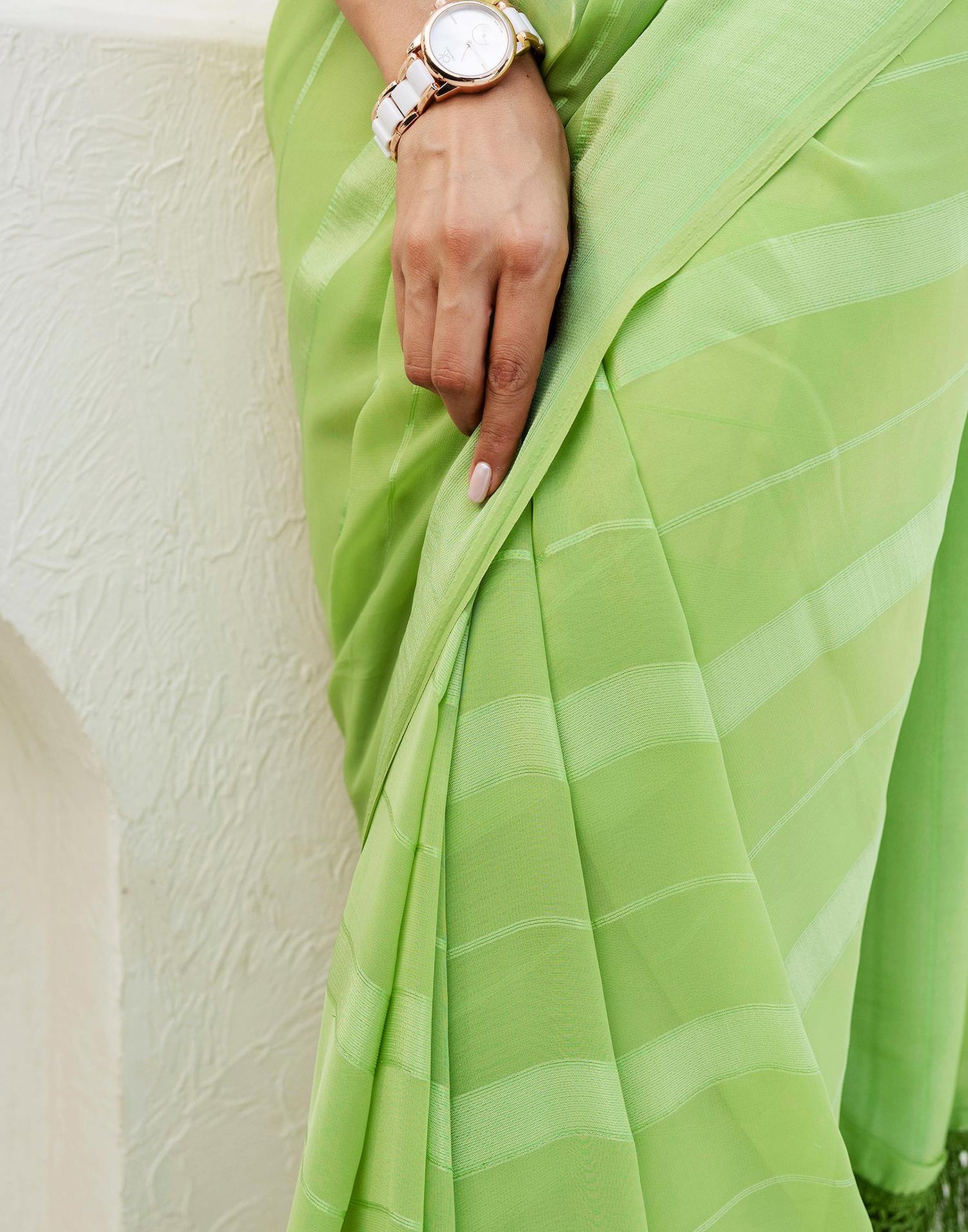 Light Green Georgette Woven Stripe Plain Saree