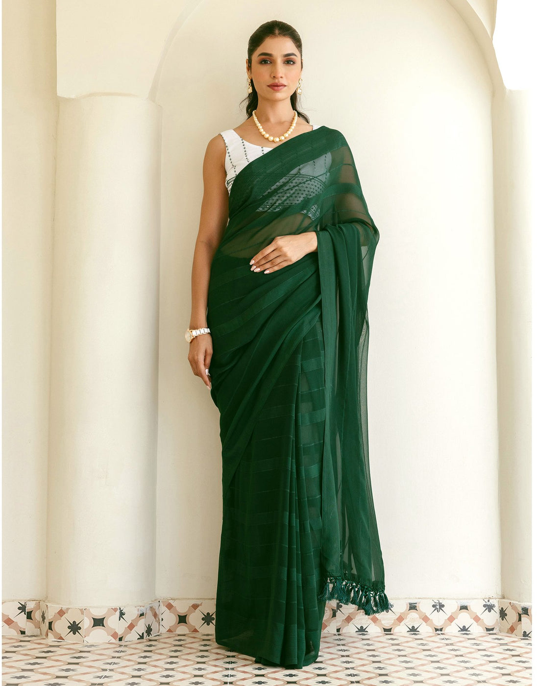 Dark Green Georgette Woven Stripe Plain Saree