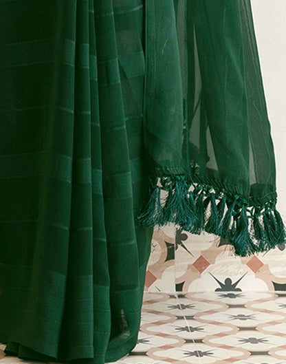 Dark Green Georgette Woven Stripe Plain Saree
