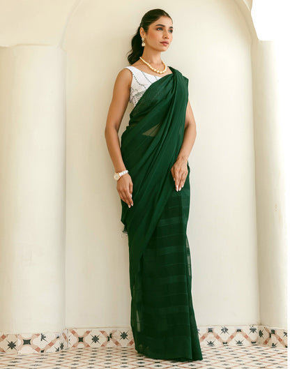 Dark Green Georgette Woven Stripe Plain Saree