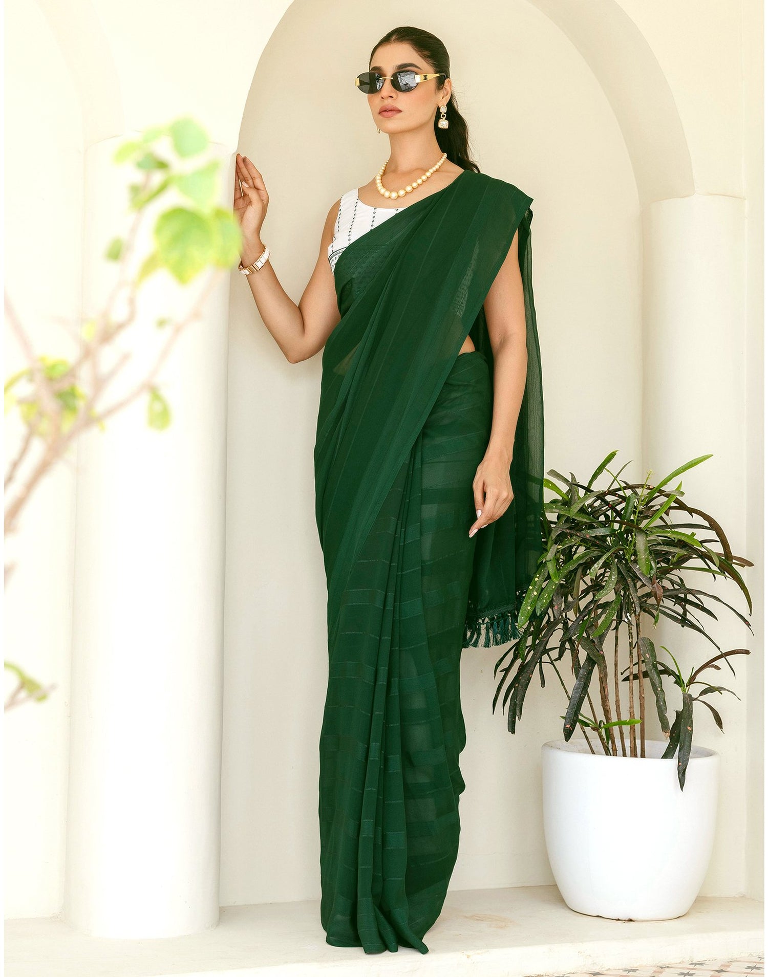 Dark Green Georgette Woven Stripe Plain Saree