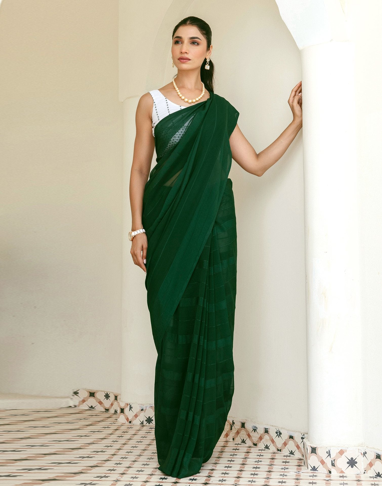 Dark Green Georgette Woven Stripe Plain Saree