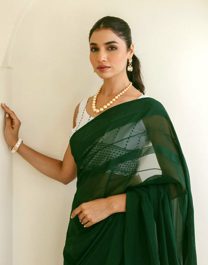 Dark Green Georgette Woven Stripe Plain Saree