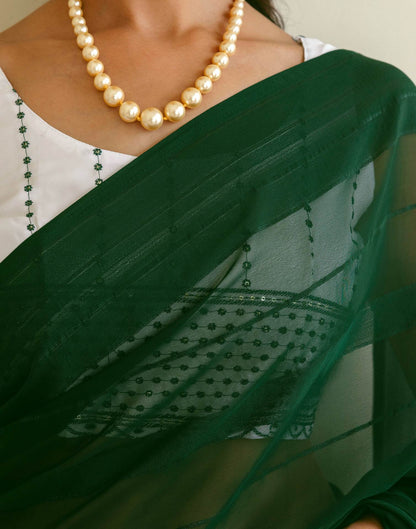 Dark Green Georgette Woven Stripe Plain Saree
