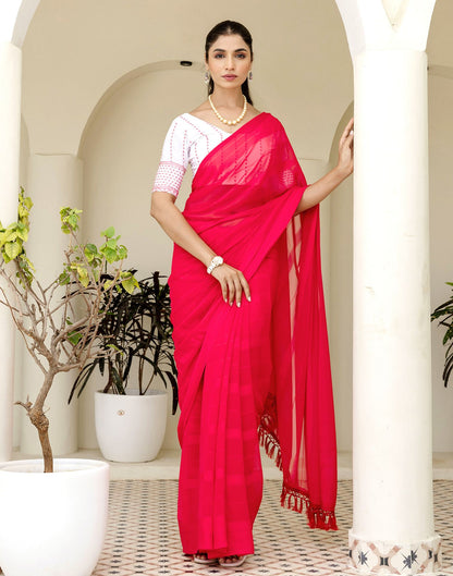 Bright Pink Georgette Woven Stripe Plain Saree