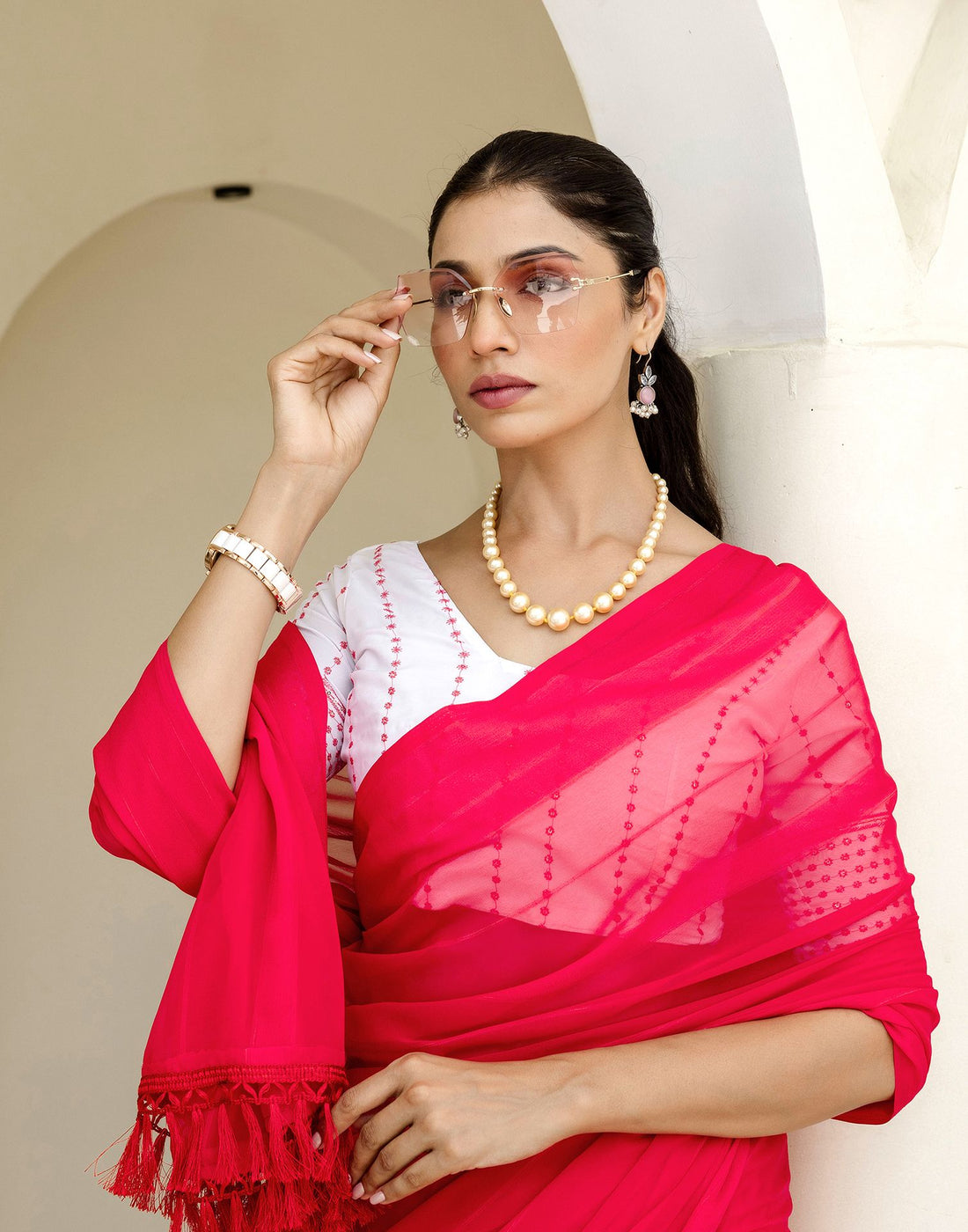 Bright Pink Georgette Woven Stripe Plain Saree
