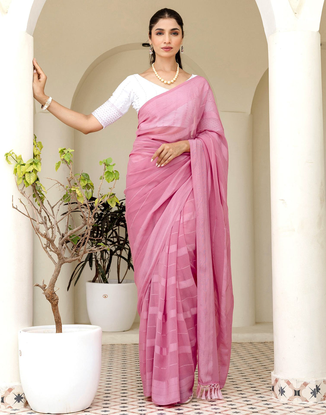 Light Pink Georgette Woven Stripe Plain Saree