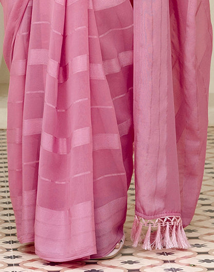 Light Pink Georgette Woven Stripe Plain Saree