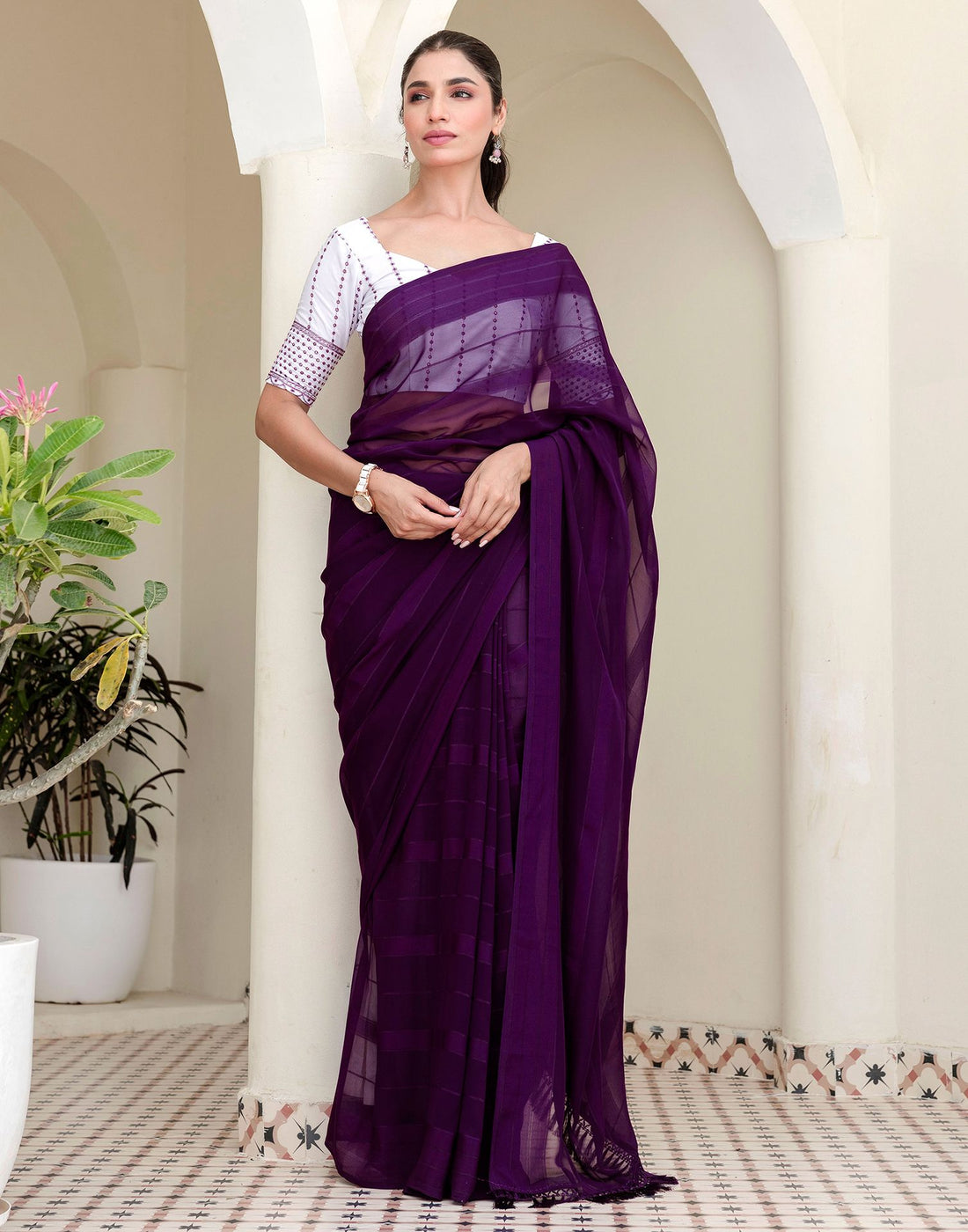Dark Purple Georgette Woven Stripe Plain Saree