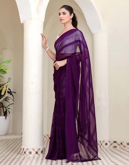 Dark Purple Georgette Woven Stripe Plain Saree