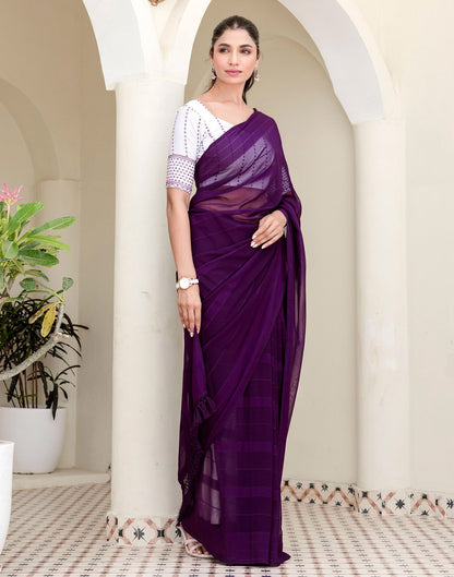 Dark Purple Georgette Woven Stripe Plain Saree