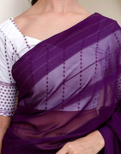 Dark Purple Georgette Woven Stripe Plain Saree