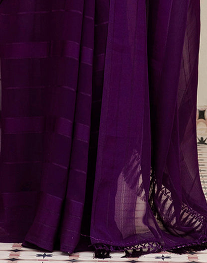 Dark Purple Georgette Woven Stripe Plain Saree