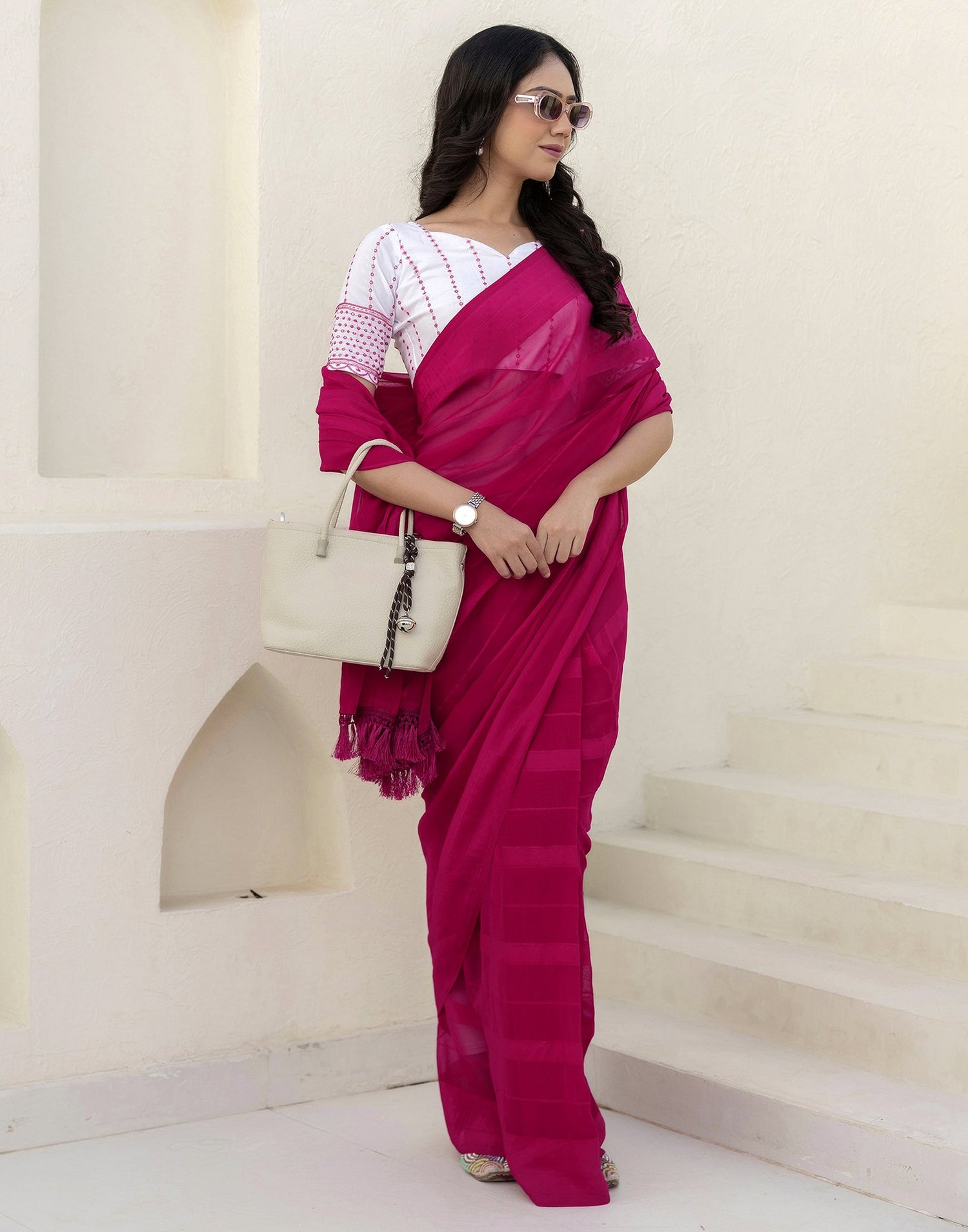 Pink Georgette Woven Plain Saree